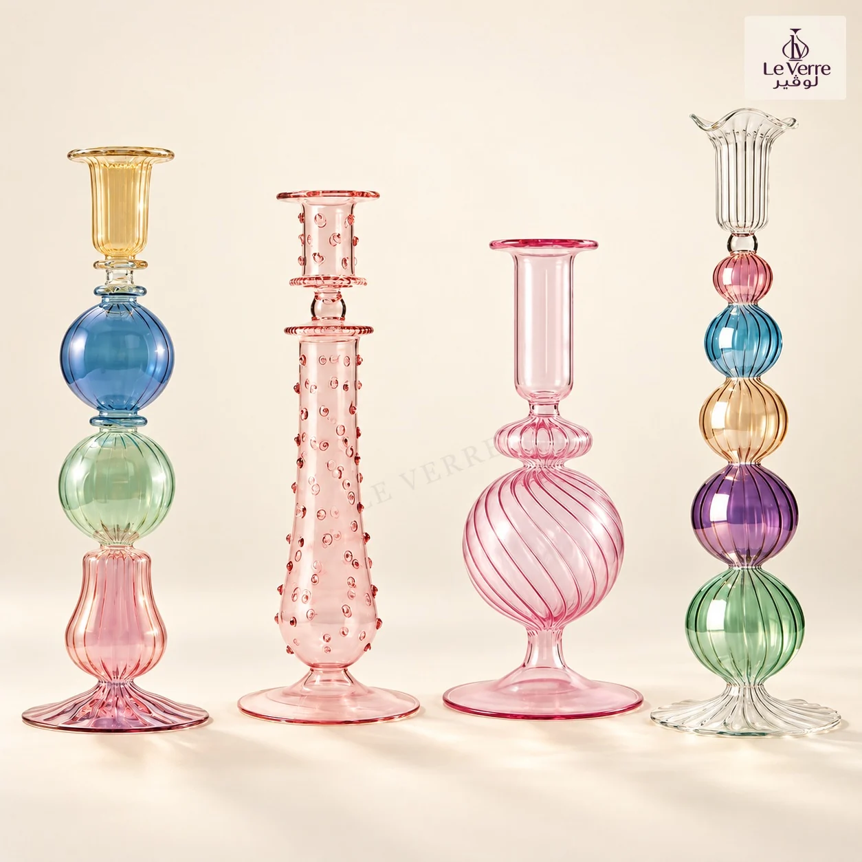 Four tall glass candleholders: one with stacked pastel spheres, a pink dotted stem, a pink spiral form and a rainbow sphere stack, AI-assisted studio presentation