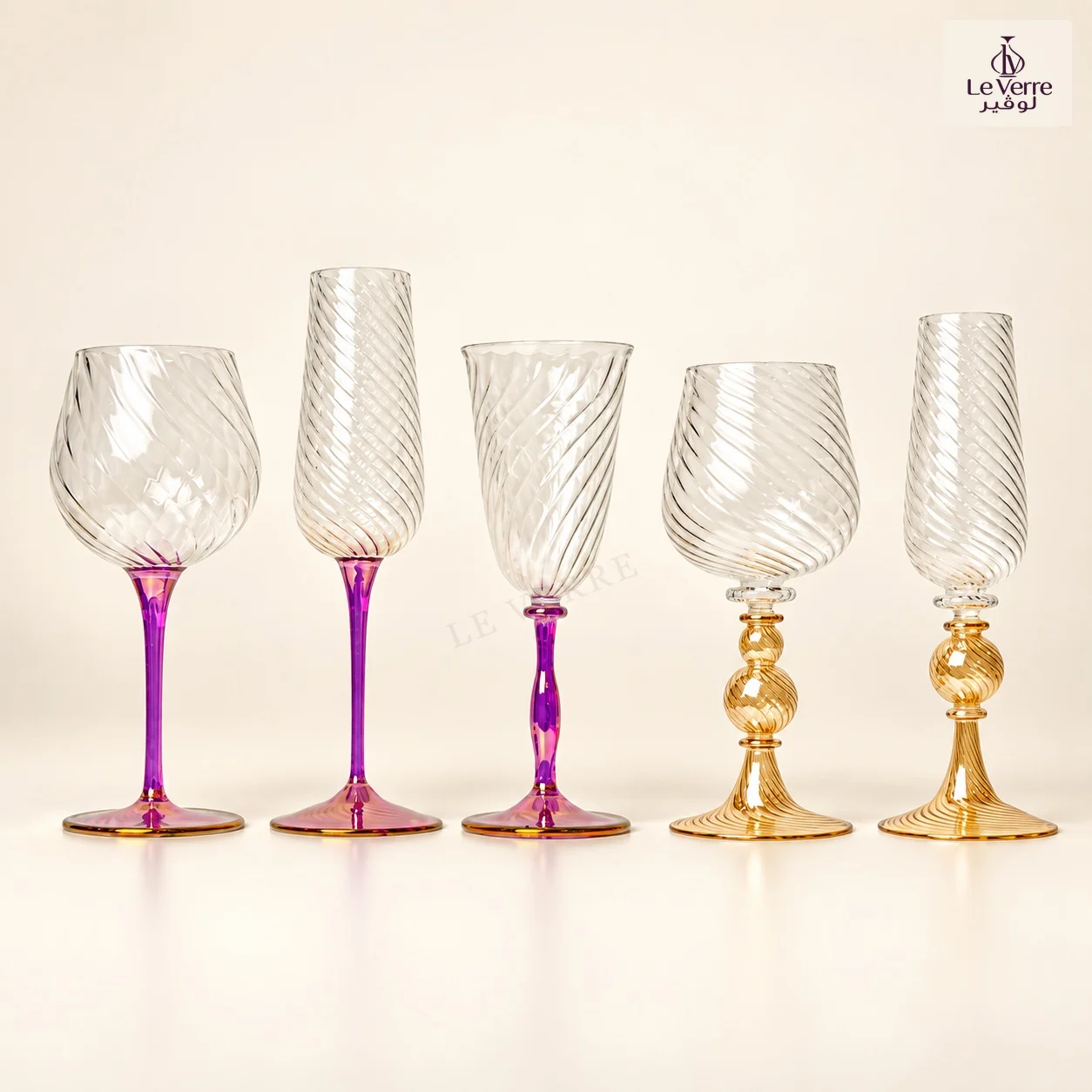 Five clear spiral-textured glasses and flutes on violet and amber stems in a studio setting, AI-assisted studio presentation