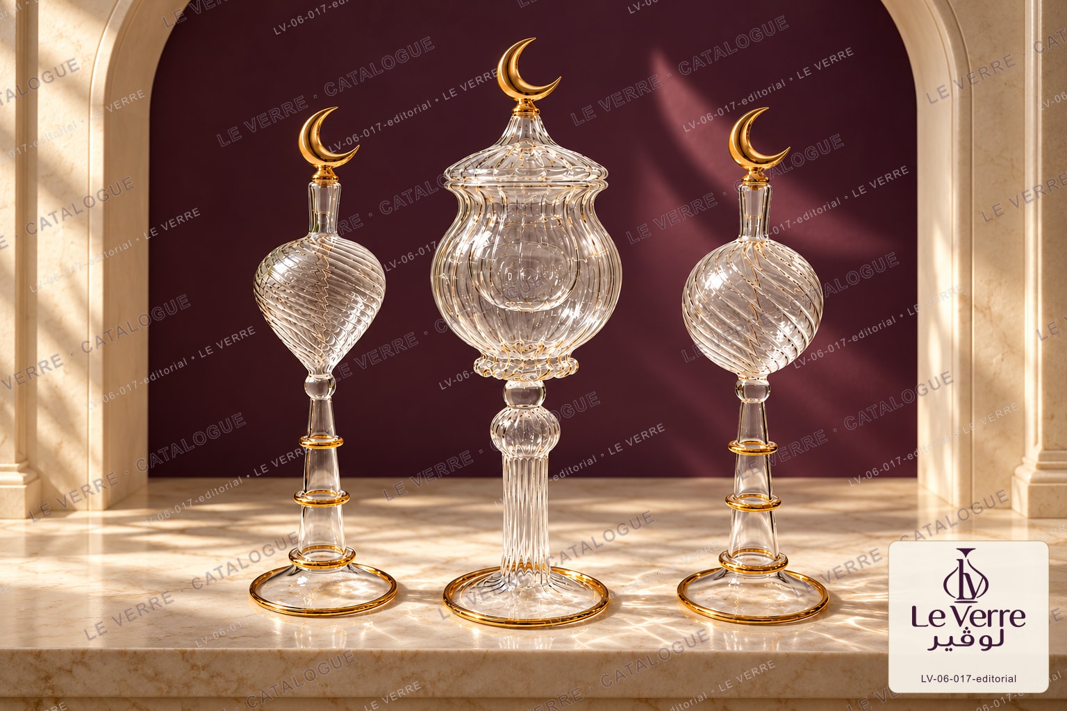 Le Verre catalogue image: three clear glass pieces with crescent finials, including a lidded footed jar, set in an arched alcove, with the Le Verre catalogue logo