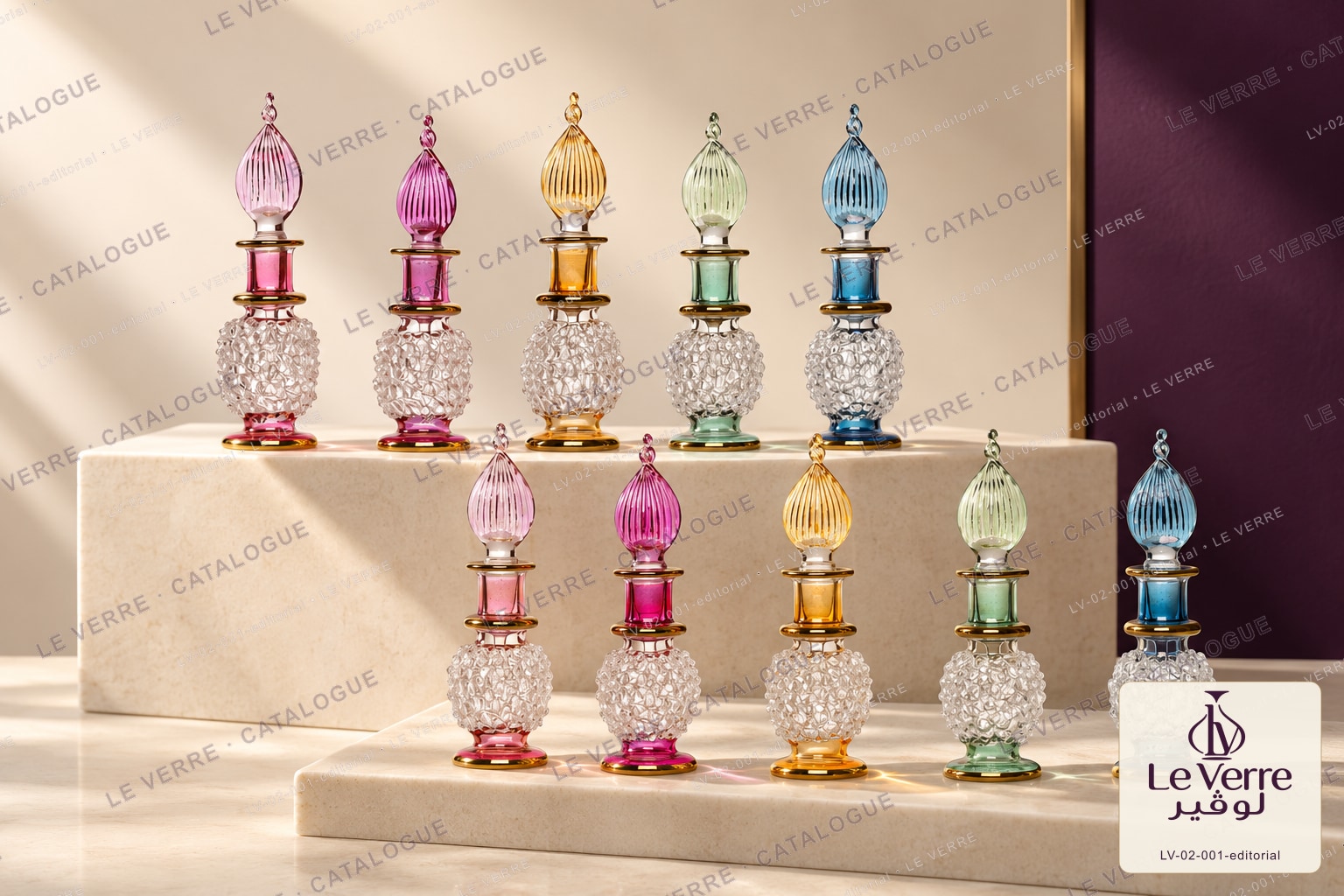 Le Verre catalogue image: ten miniature glass perfume vessels in pink, magenta, amber, green and blue with textured clear bodies and ribbed stoppers, with the Le Verre catalogue logo