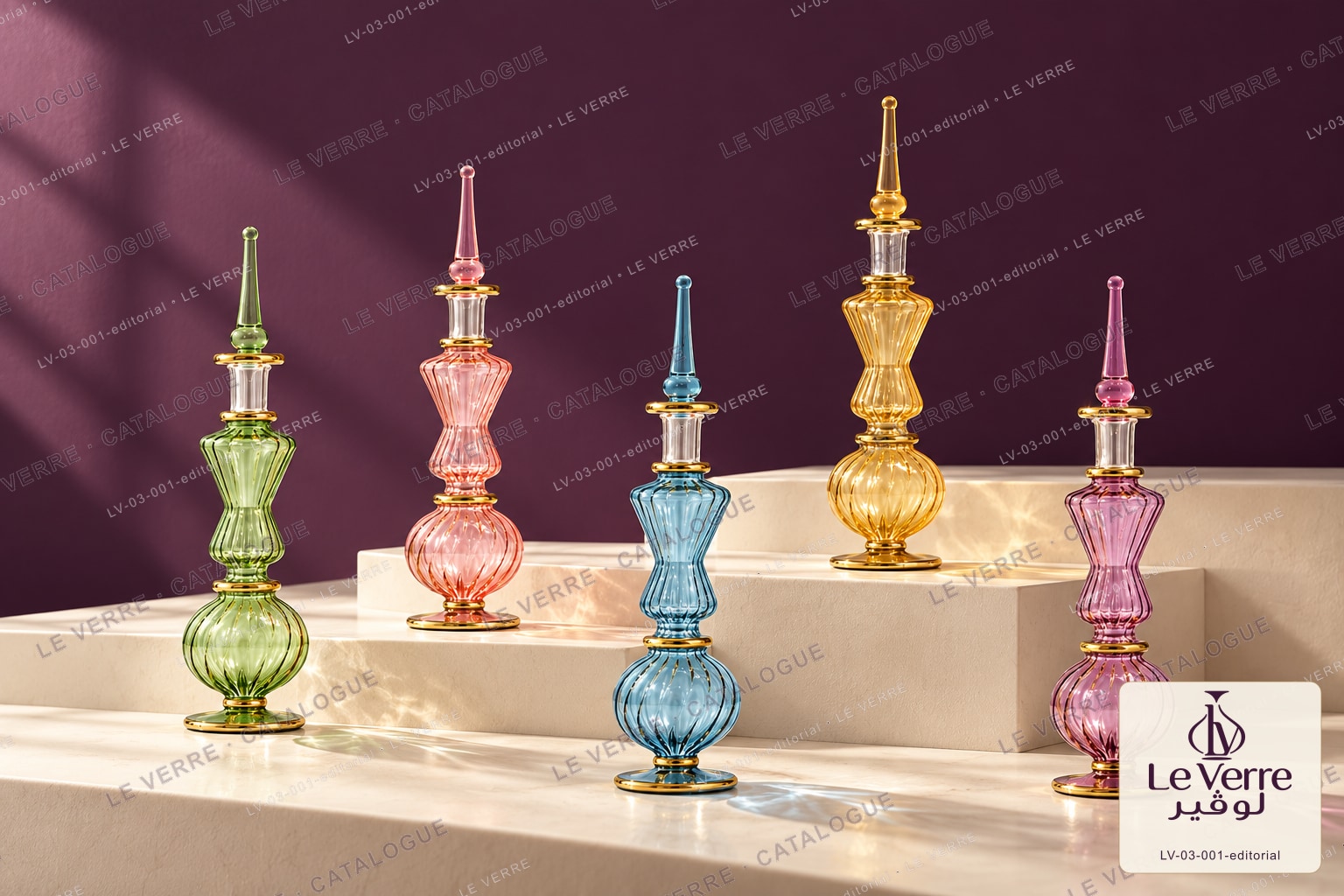 Le Verre catalogue image: five slender glass perfume bottles in green, pink, blue, amber and violet with tall spire stoppers on stone steps, with the Le Verre catalogue logo