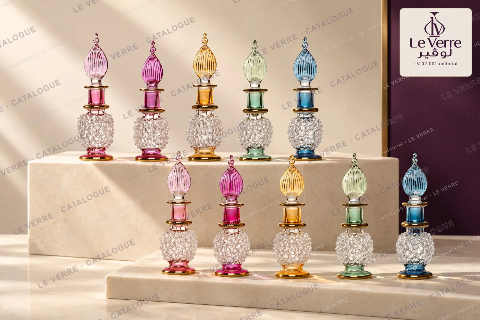 Ten miniature glass perfume bottles with coloured ribbed stoppers and clear textured bases arranged on ivory studio plinths