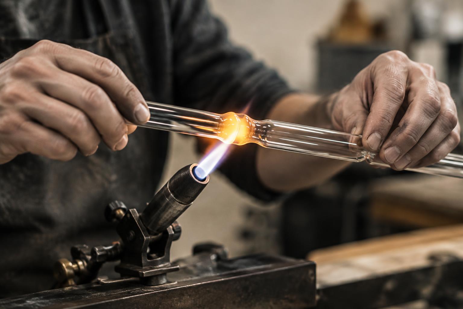 Conceptual artisan hands shaping a heated glass tube near a flame; not Vetro Mano’s actual workshop